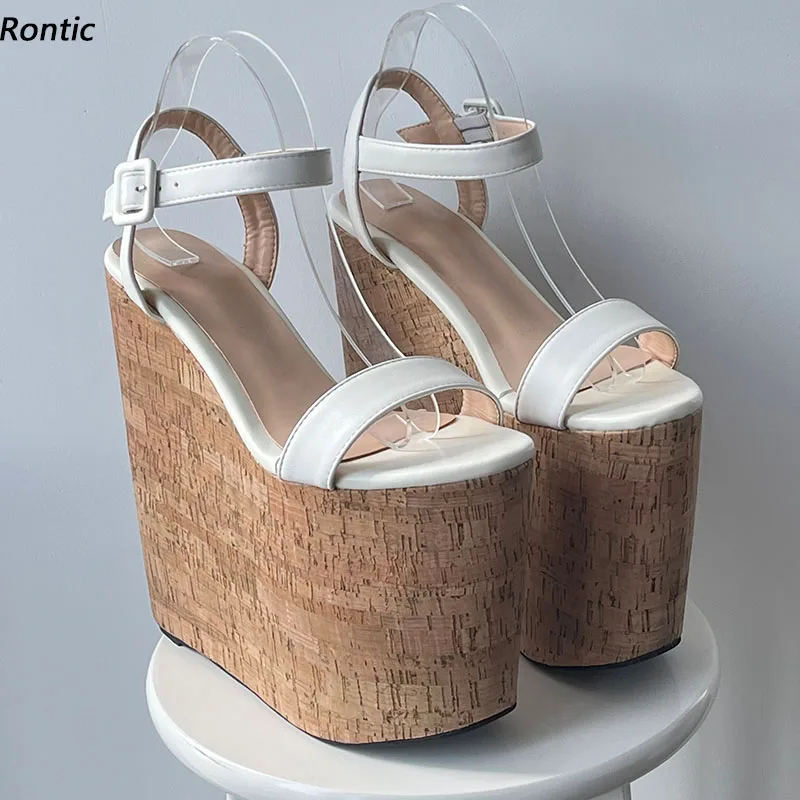 Rontic Handmade Women Summer Platform Sandals Wedges High Heels Round Toe Elegant White Party Shoes Ladies US Plus Size 4-15