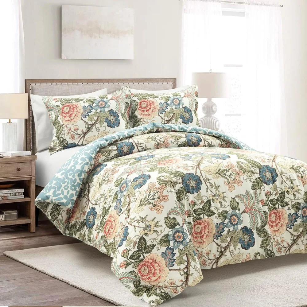 

King Size Reversible Cotton Duvet Cover Set, 3-Piece, Green and Blue Vintage Cottage Style Bedding