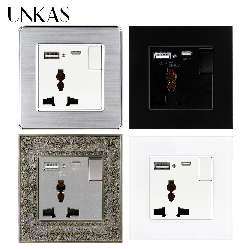 

UNKAS Type C 3 Hole Universal Standard Wall 13A Power Socket With LED Indicator Outlet 86mm*86mm USB Charge Port Output 2.1A