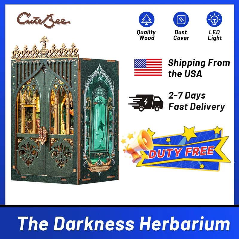 CUTEBEE Booknook DIY Miniature House with Light Wooden Bookshelf Insert Darkness Herbarium Book Nook Decor for Gifts 3D Puzzle