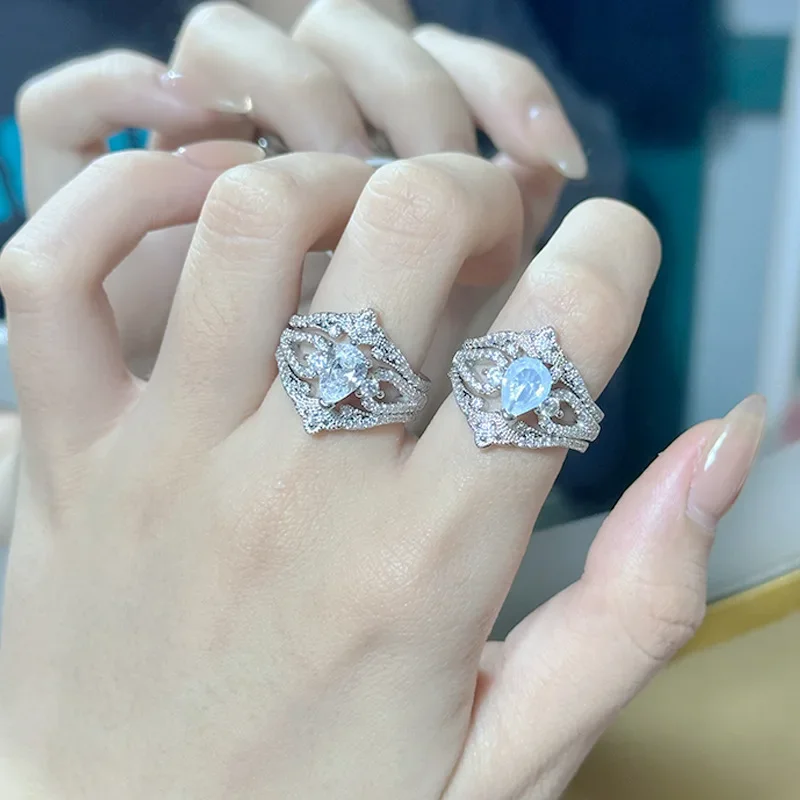 

MDL Moissanite Style Vintage 3.0 Ct Jewellery Opal Set Ring Gold Plated Removable Moonstone Personalised Lace Full Diamond Ring