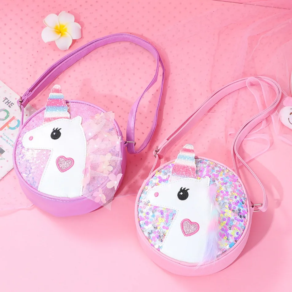 

Girls Sequins Unicorn Round Headband Princess Cartoon Mini Purse for Kids Shiny Pink Crossbody Bag Baby Crossbody Coin Purple