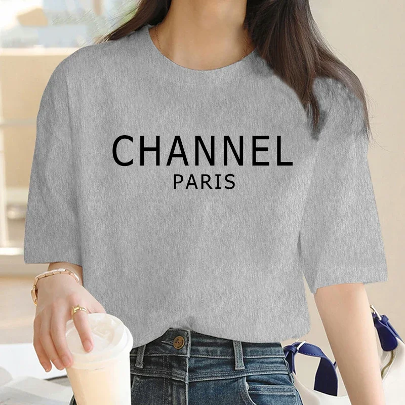 Luxury Brand Machine Washable Womens Casual Elegant Fashion CHANNEL Graphic T-shirt O-Neck Short Sleeve Top Women's Clothing image 3