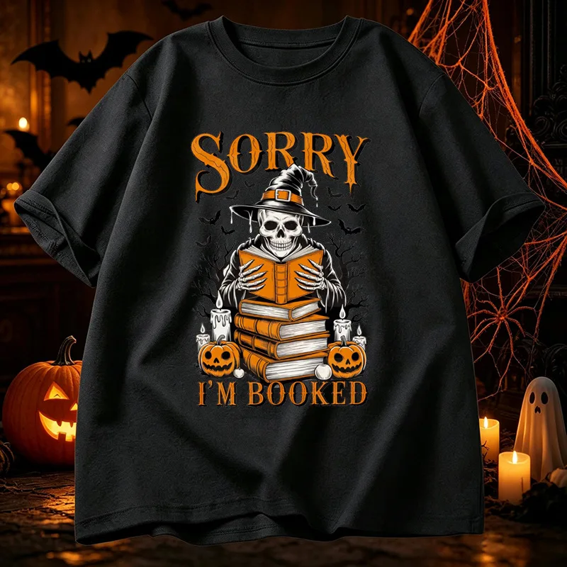Men Summer Casual T Shirt Spooky Halloween Skeleton Book Pumpkin Graphic Print O Neck Short Sleeve Soft Loose Tee Tops For Male