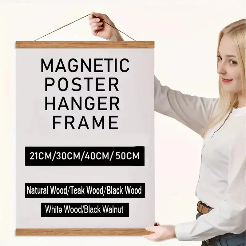 7 Colors 21 30 40 50cm Magnetic Poster Hanger Teak Pine Wood Scroll Painting Frame Wood Photo Frame Black White Canvas Frame