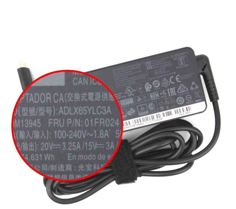 Original 65W 20V 3.25A Tipo C Adaptador AC Carregador de Laptop da Lenovo ThinkPad T480 T480s T580 X280 X380 E580 L380 L480 15V-3A