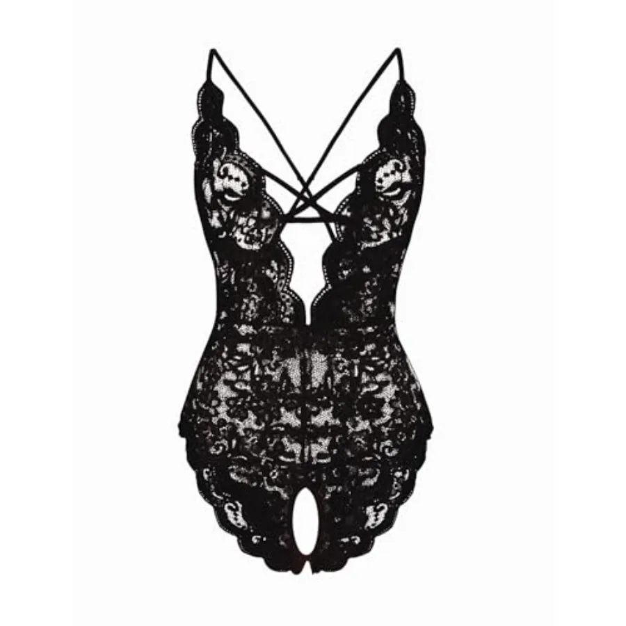 

FemandFata Women's One Pcs Lingerie Sexy Lace Teddy Deep V Bodysuit Underwear S-XXL