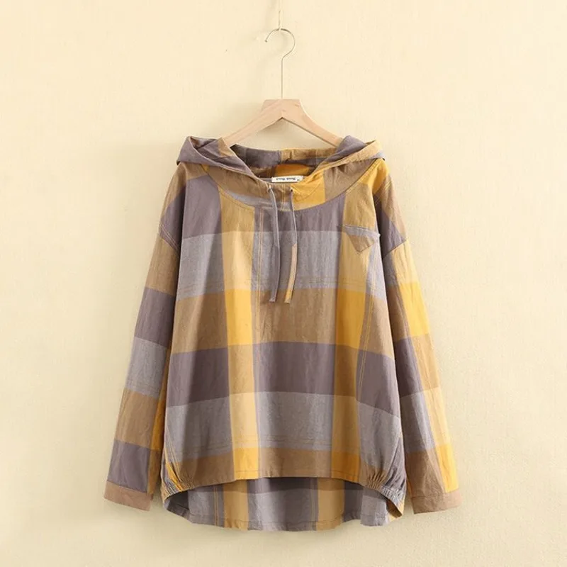 Womens Plus Size Plaid Hooded Top Spring Autumn Loose Casual Long Sleeve Blouse For Middle Aged Elderly Mom