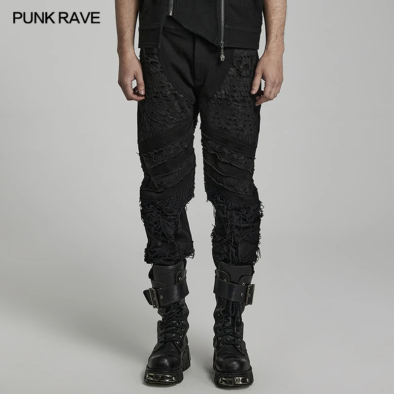 

PUNK RAVE Men's Punk Loose Broken Hole Net Trousers Gothic Daiy Elastic Twill Denim Cool Personality Texture Casual Black Pants