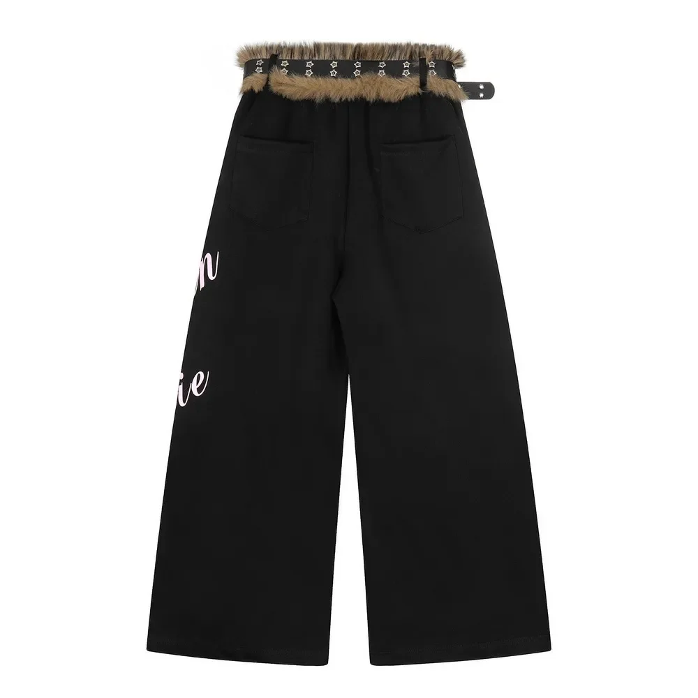 Hairs Belt Decorate Oversize Wide Leg Patchwork Pants Trousers for Women Grils Streetwear Sweety Grunge Winter Spring Clothes