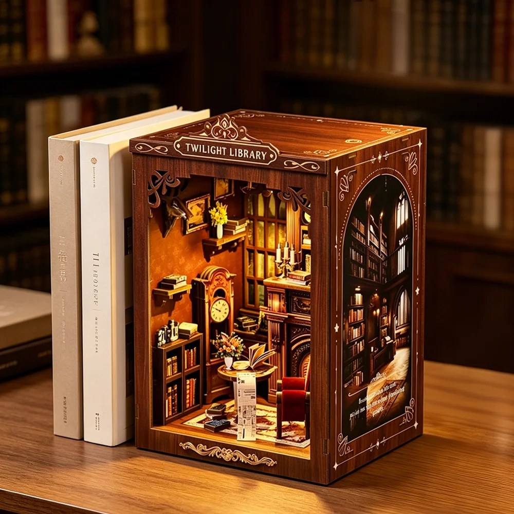 Twilight Library Bookends Assembly Model Wooden Toy Diy Cottage Miniature House Creative Gift