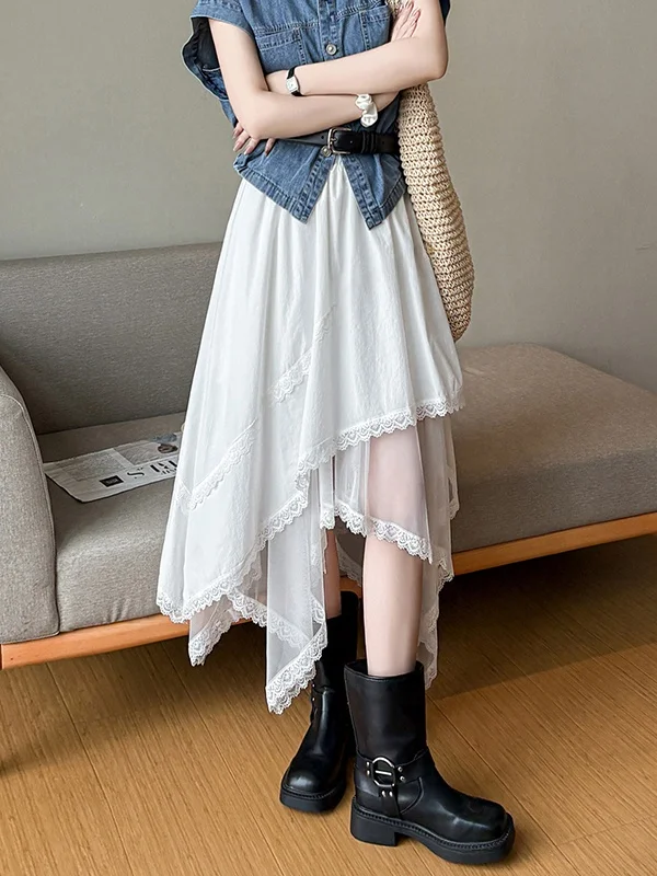 

High Waist Mesh Pleated Skirt Women's Summer Slimming Lace Trim A-Line Midi Skirt Asymmetrical White Gauze Skirt