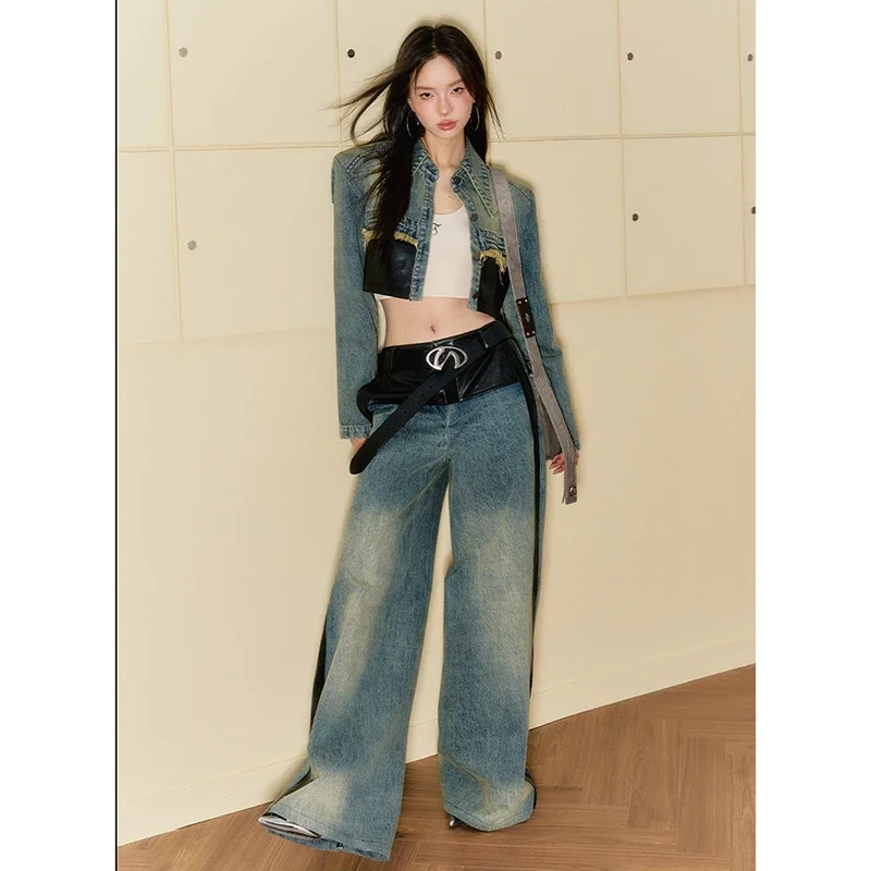 E-girl Blue Women's Jeans High Waist Hip Hop Straight Fashion Pant Streetwear Harajuku Y2K Spliced Female Wide Leg Denim Trouser