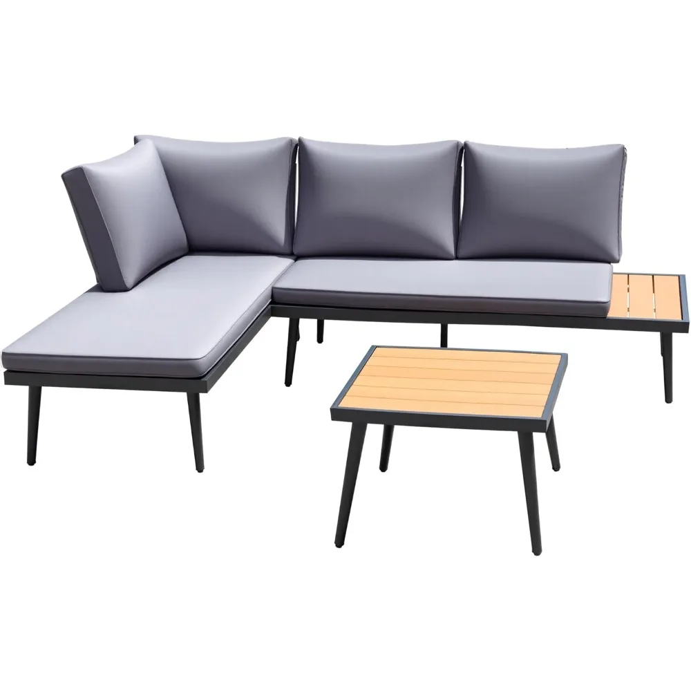 Outdoor Sectional Furniture Patio Sectional Sofa with Acacia Wood Table, Patio L-Shaped Conversation Set with All-Weather Cushi