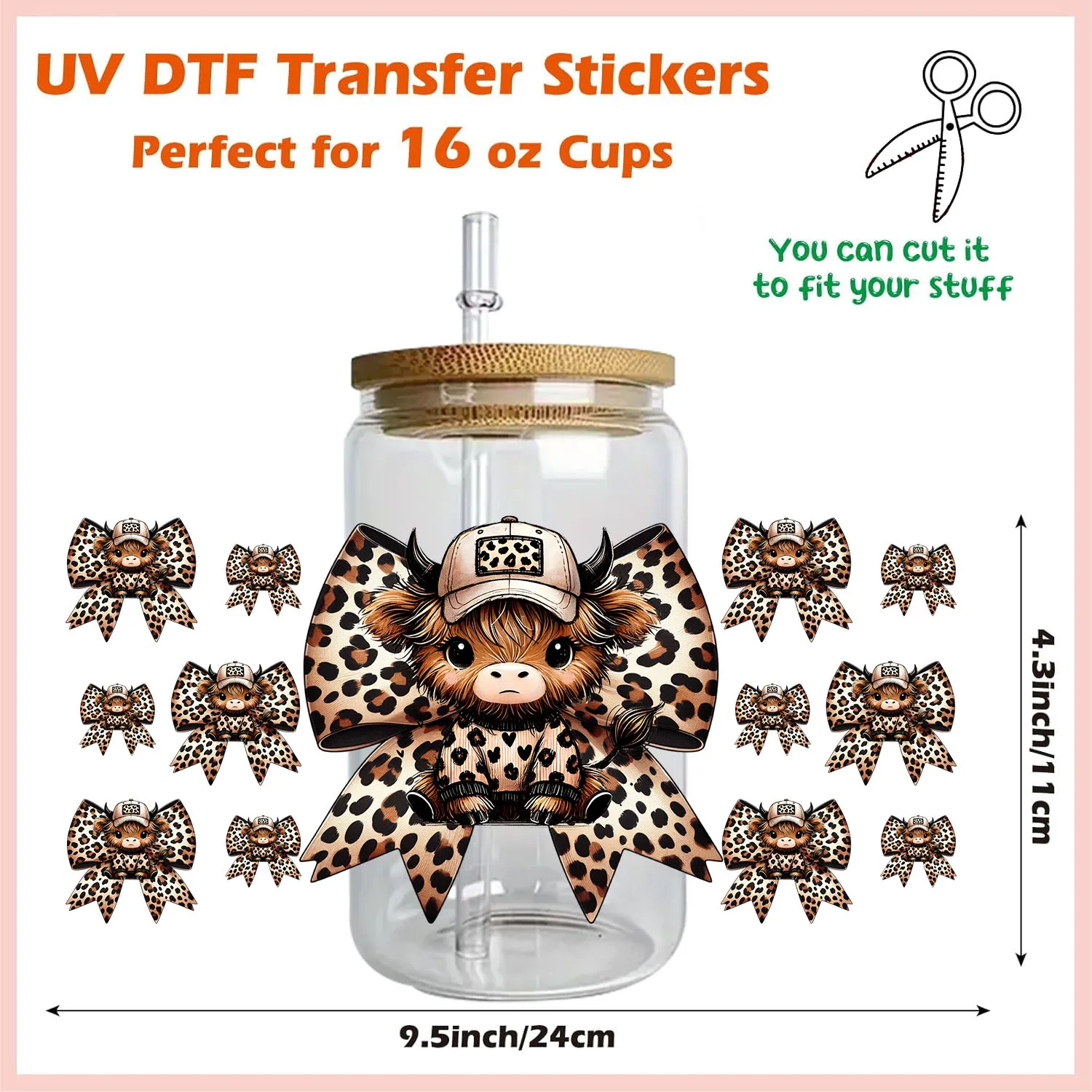 bundle Bowknot Cute Highland Cattle 16oz UV DTF Sticker waterproof DIY Decals 3D transfers uvdtf stickers 16oz uv dtf cup wraps
