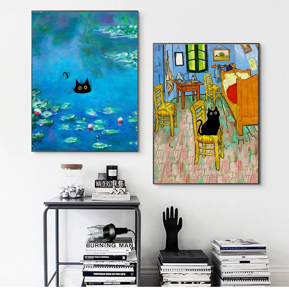 Black Cat famous painting Abstract Van Gogh Monet Impressionist Wall Art Poster Water Lily Canvas Oil Painting Print Home Decor