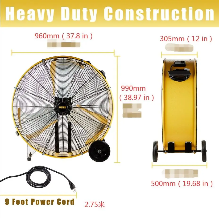 مروحة أسطوانة صناعية شديدة التحمل مقاس 36 بوصة من HiCFM، محول هواء أرضي عالي السرعة 20000 CFM مع سرعتين