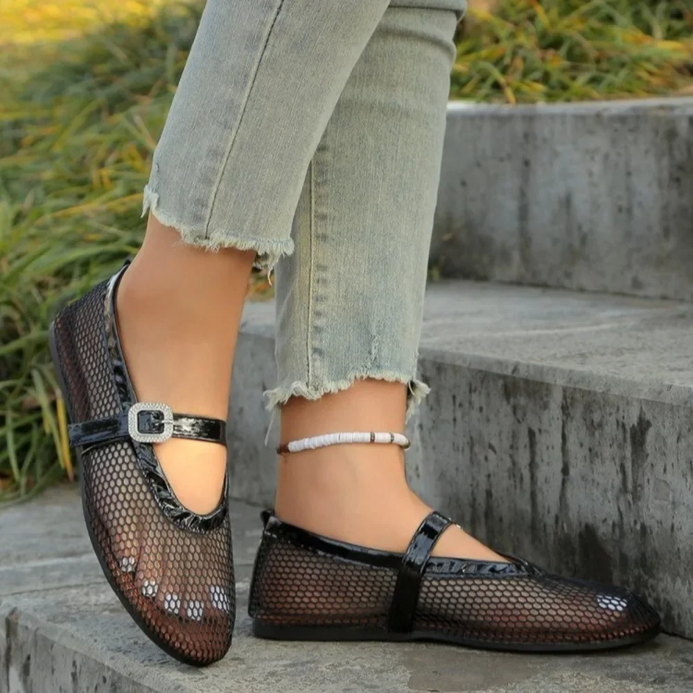 Mesh Black Ballet Flat Sandals for Women Summer Breathable Hollow Fishnet Shoes with Water Crystal Button Single Sole Shoes