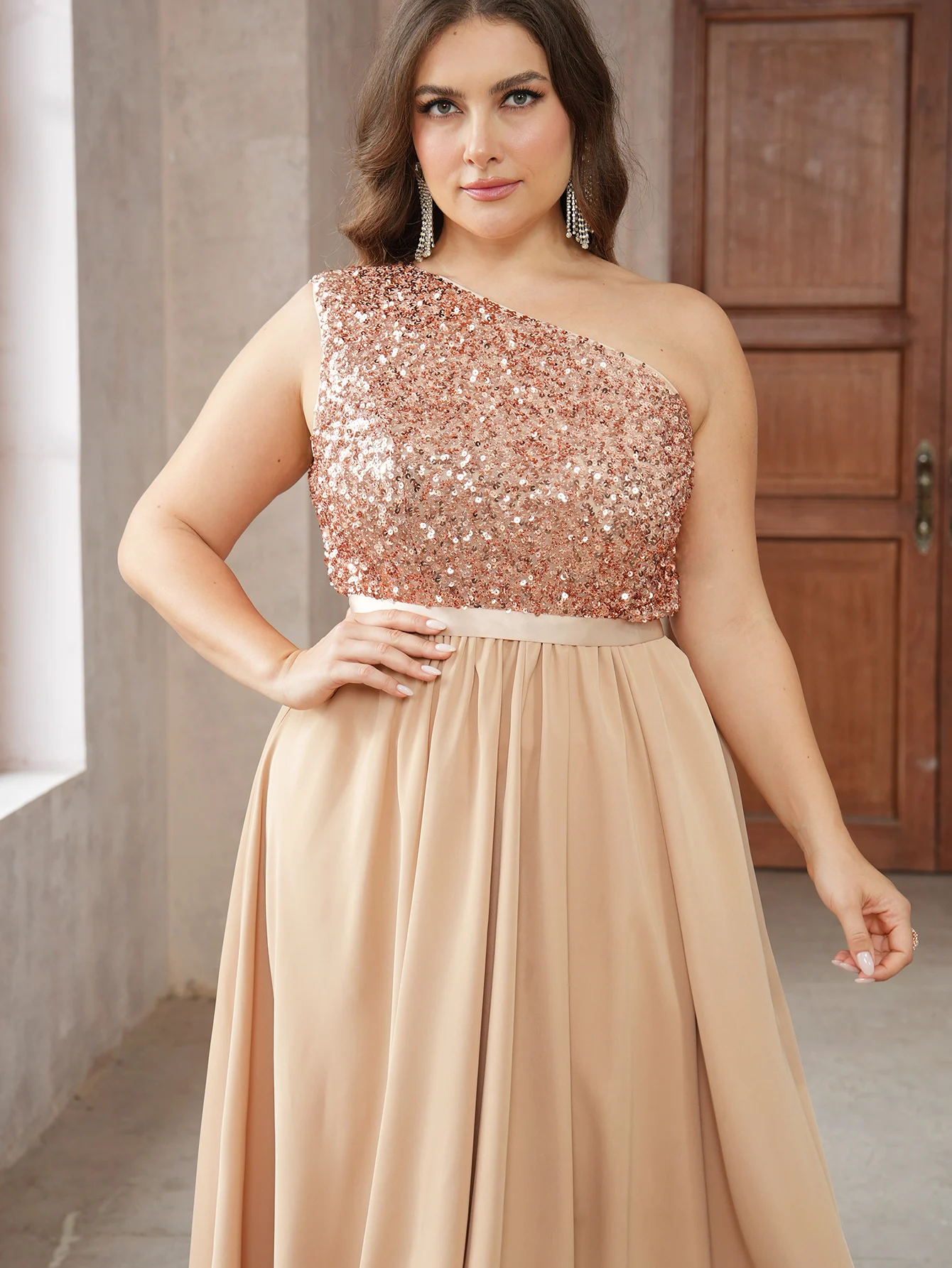 Women Plus Size Dress With Slanted Collar Sleeveless Sequins Loose Party Dress Stylish And Elegant Solid Color Dresses