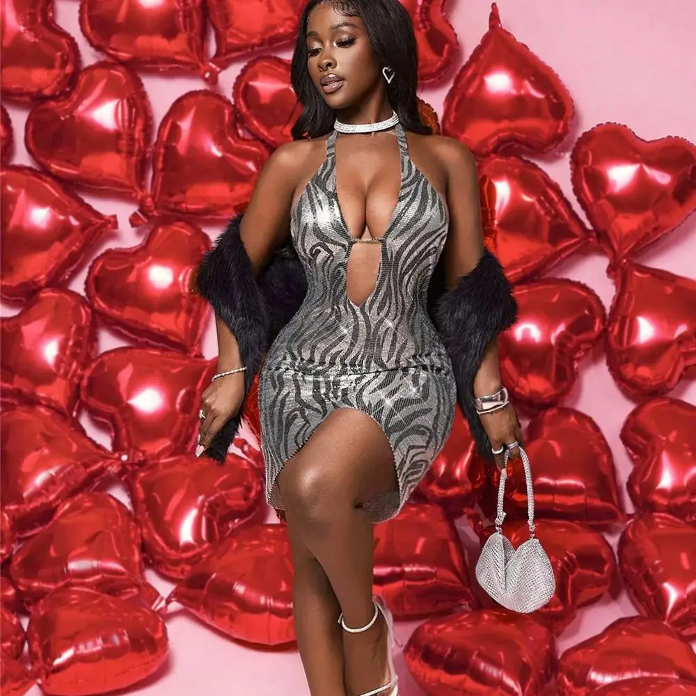 Trägerloser Minirock mit Cyber-Zebra-Print, tiefes V, rückenfreies Nachtclub-Kleid, Musikfestival, heißes Mädchen, schlankmachendes Strass-Kleid