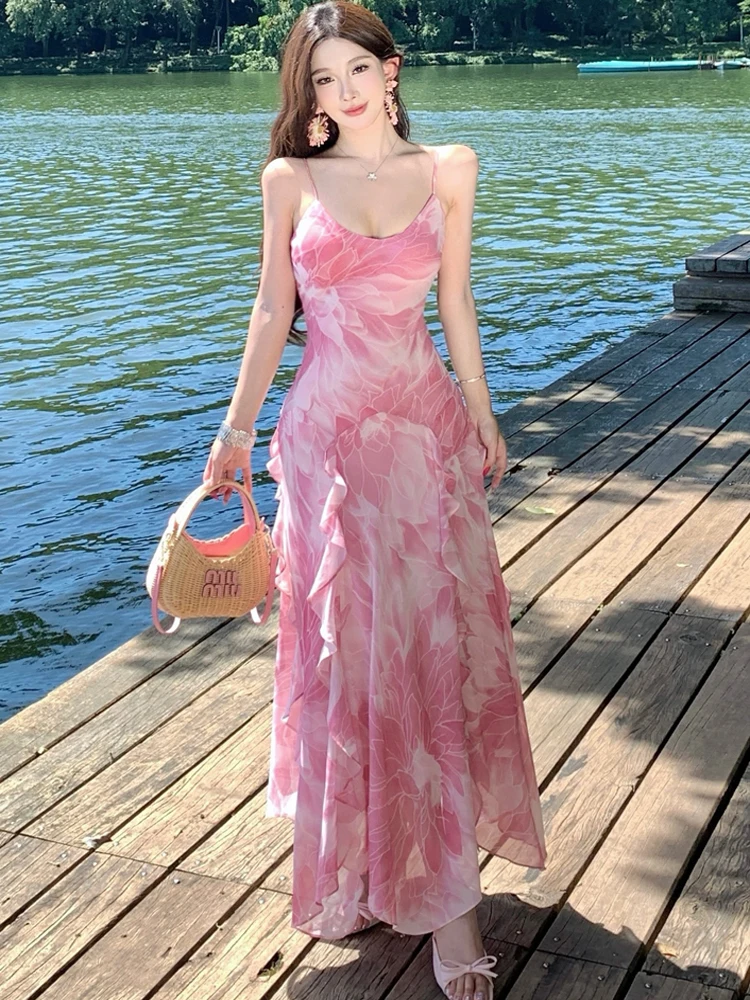 

Богемное праздничное пляжное платье с разрезом, женское летнее бандажное платье с открытой спиной и цветочным принтом, элегантное платье с оборками для дня рождения, длинные платья