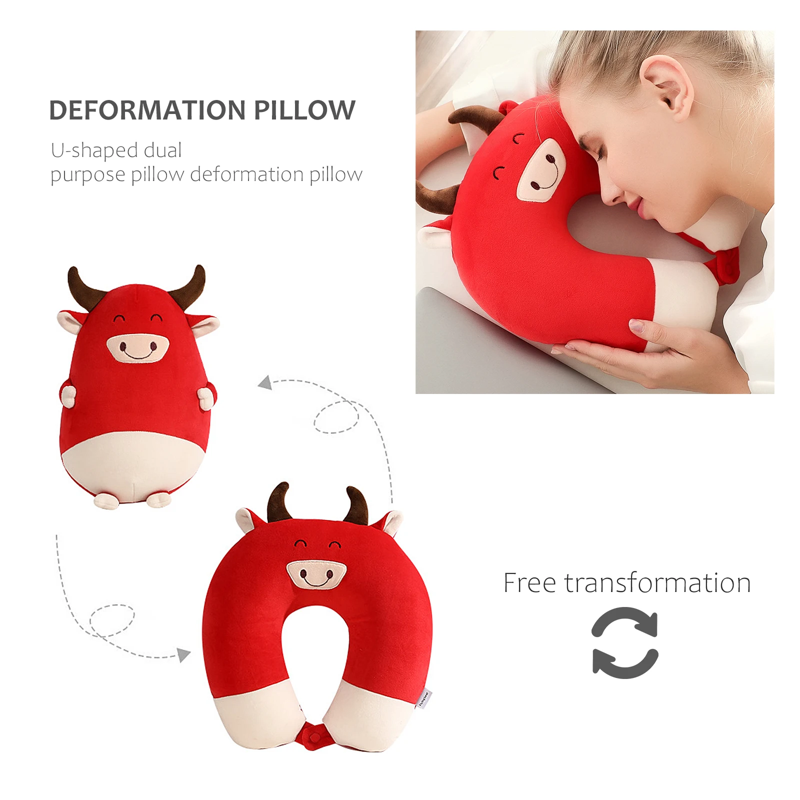 

Мягкая мультяшная подушка с изображением быка, U-образная поддержка шеи, дорожный материал премиум-класса, долгосрочная подушка, чехол для подушки