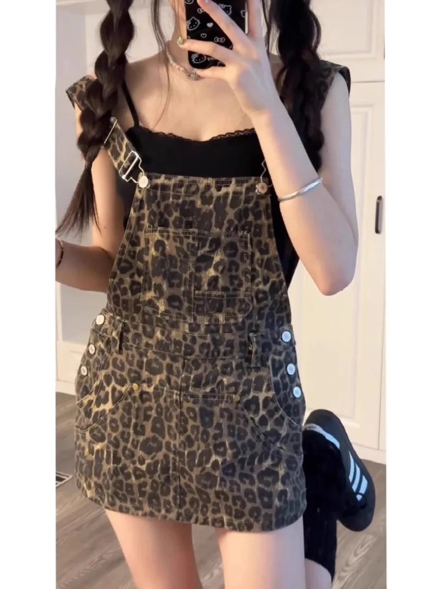 

Пикантное джинсовое платье-сарафан с леопардовым принтом, женское, свободного кроя, с завышенной талией, А-силуэт, весенне-летняя мода, большие размеры, юбка-комбинезон