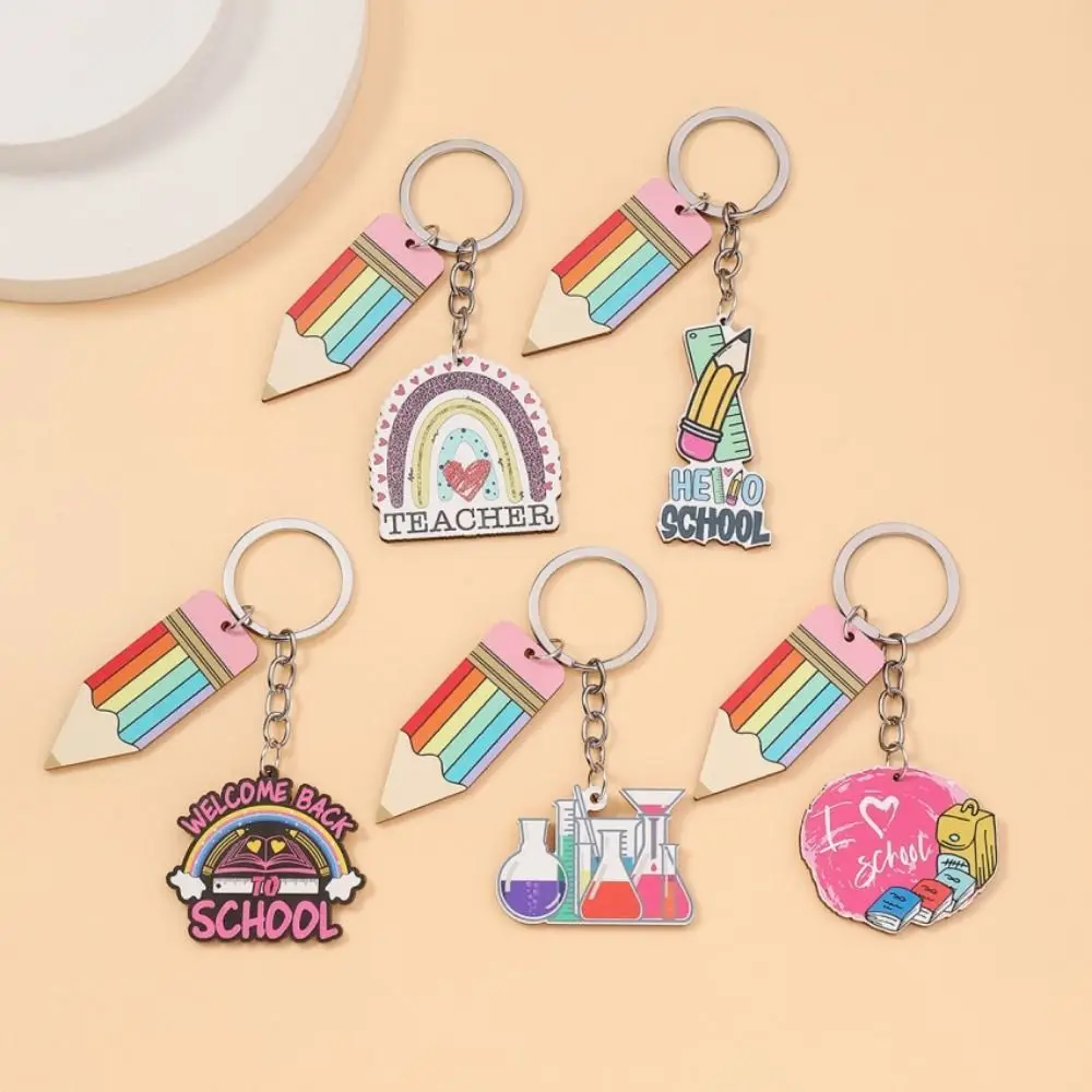 Wooden Teacher's Day Keychain Pencil Geometric Shape Text Keychain Pendant Colorful Rainbow Pen Holder Key Ring