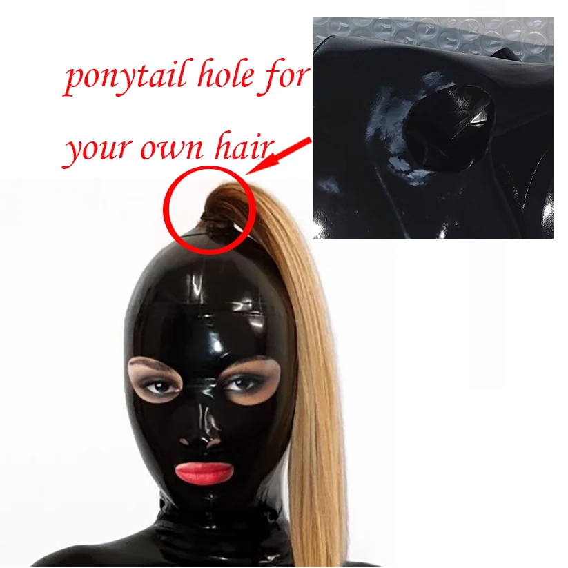 Sexy Latex Gummi Rubber Masker Met Top Paardenstaart Gat Voor Uw Eigen Haar Capuchon Rug Rits Hoofddeksels Kostuums Masque Rlm266