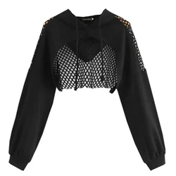 Black Hoodies For Women 2024 Hollow Out Crop Tops Mesh Patchwork Short Sweatshirt Long Sleeve Autumn Tops And Pullovers