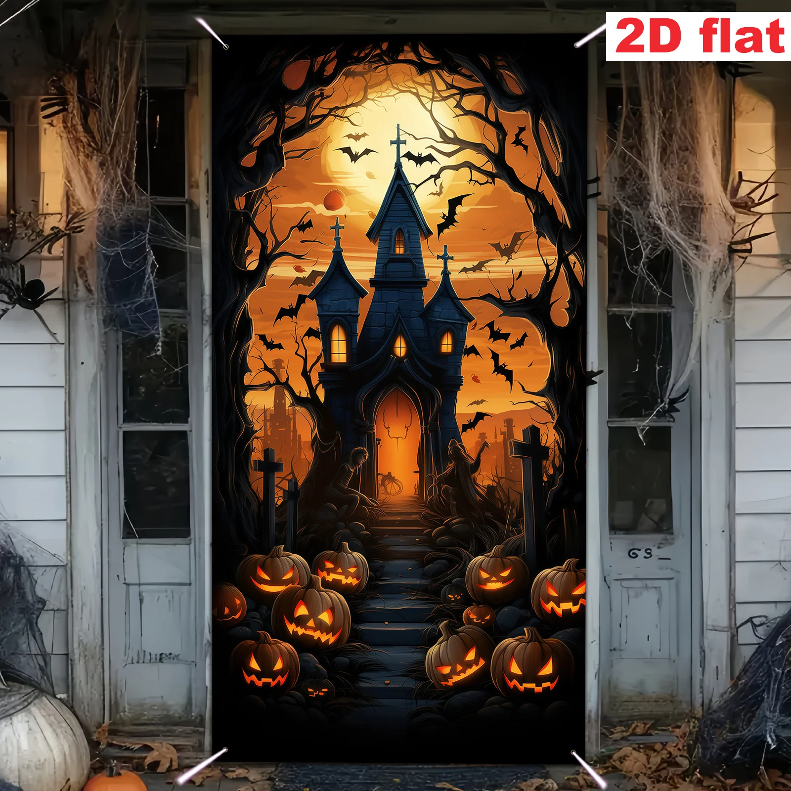 2D-Türbanner, 1 großes Halloween-Partybanner – Spukhaus-Dekoration für drinnen und draußen, einfach aufzuhängen und zu präsentieren.