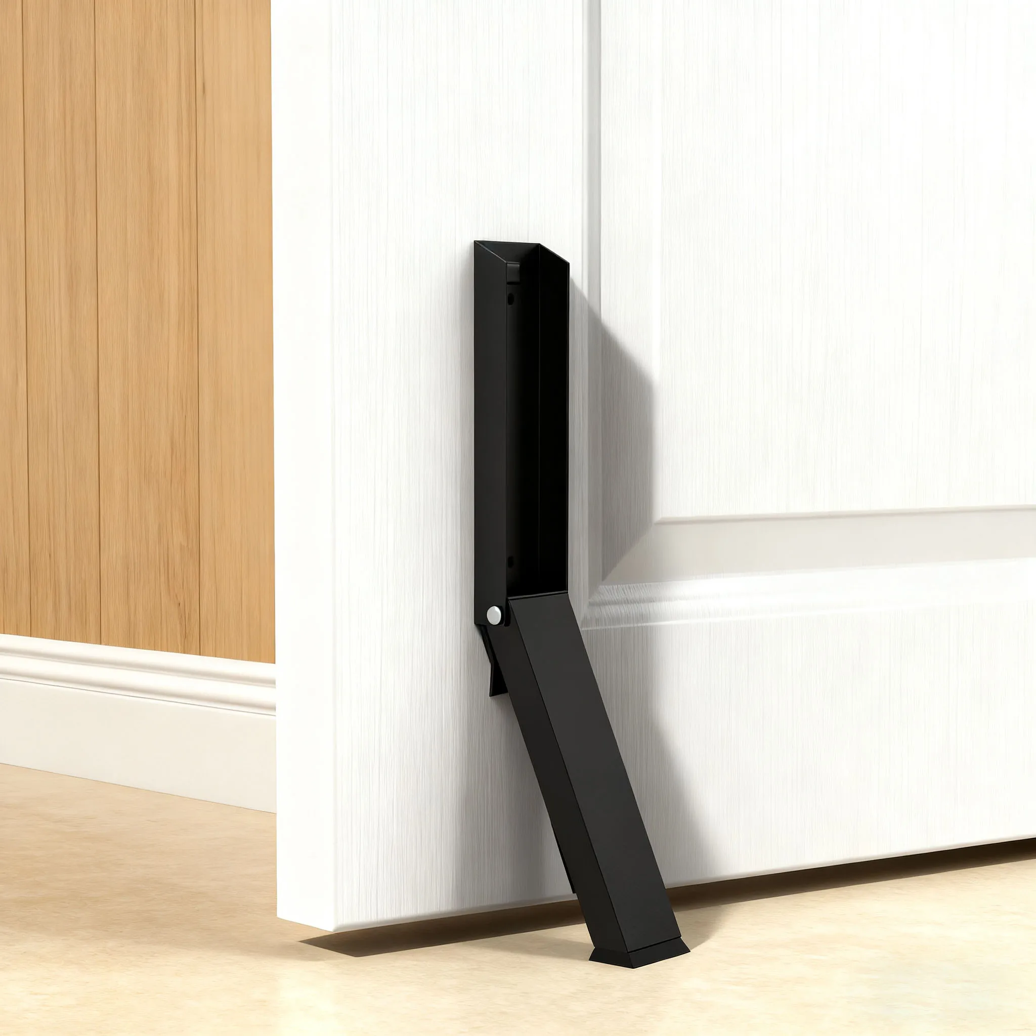 Drill-free door stop, kick-down type at the bottom of the door