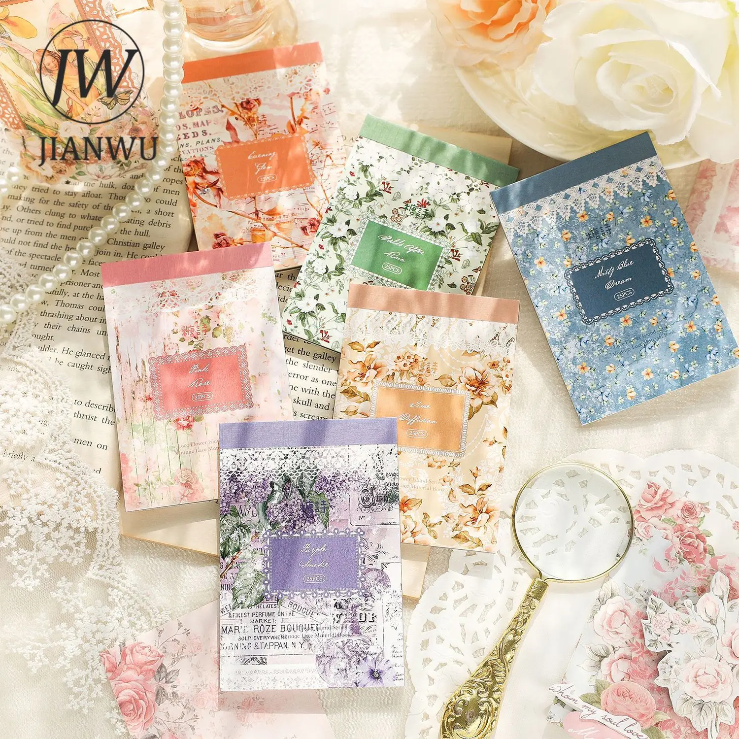 JIANWU 25 Sheets Lace Flower Island Series Vintage Lace Hollow Decor Material Paper Creative DIY Journal Collage Stationery