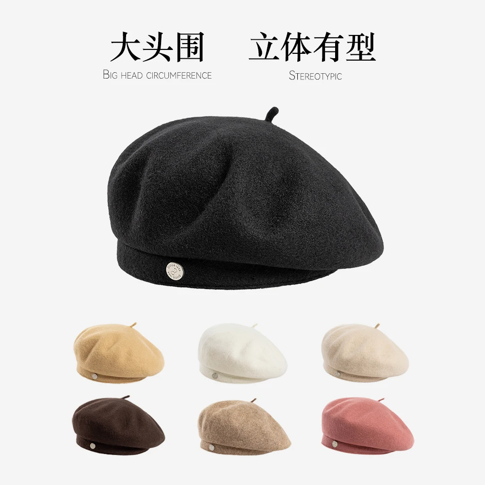 Wool Beret with Elastic Band Women Fashion Beret Hat for Winter Solid Color Big size