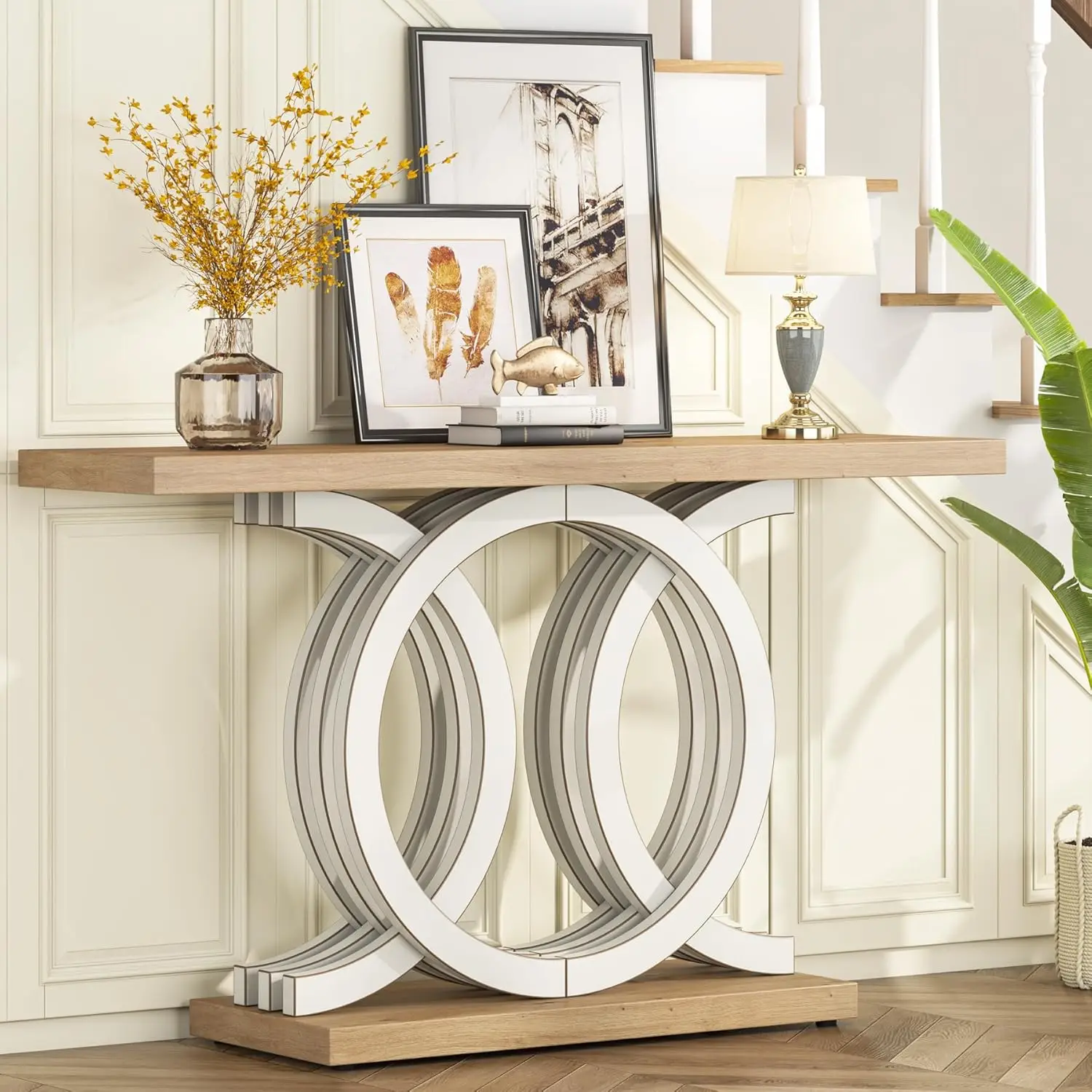 Tribesigns 55 in Console Table with Geometric Base, Modern Hallway Table, Wooden Entryway Table, Foyer Sofa Table, Unique Long A