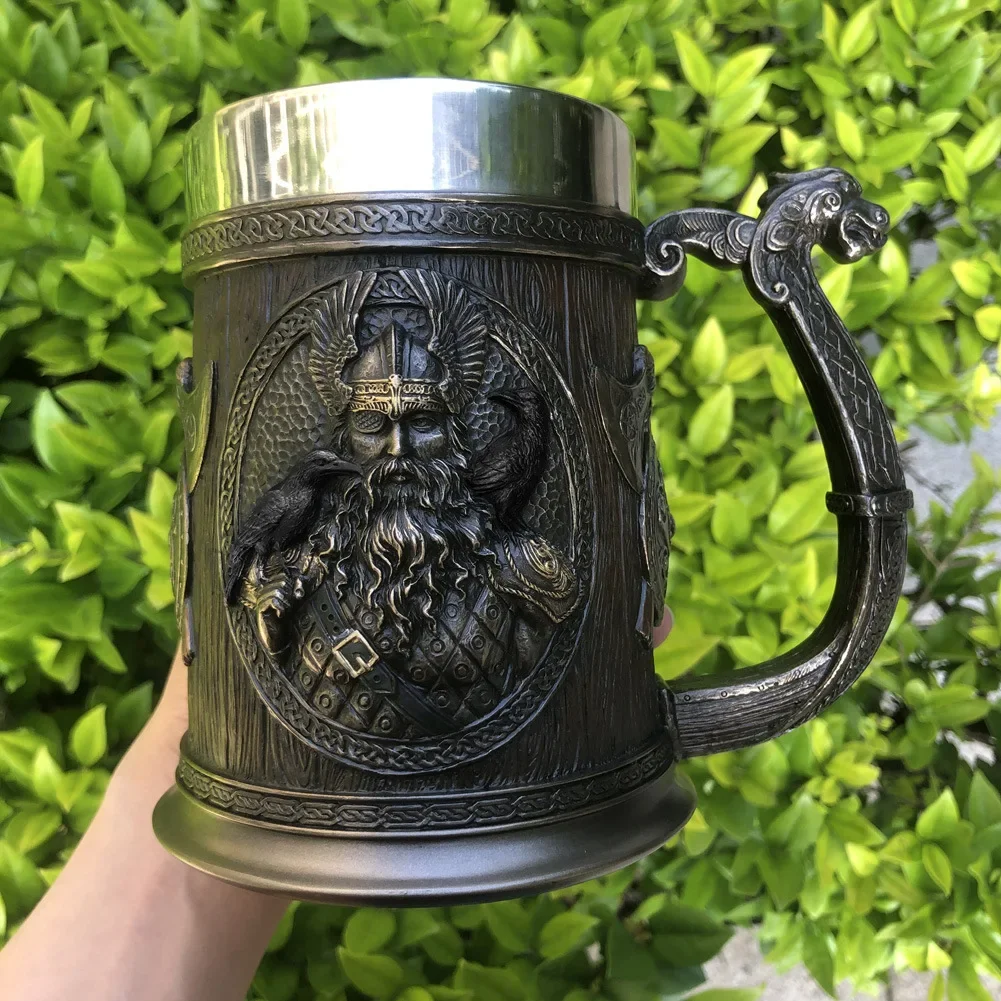 600ml Medieval Mythology Beer Cup Vintage Viking Mug Large Capacity Retro Coffee Water Cup Resin Stainless Steel Mug