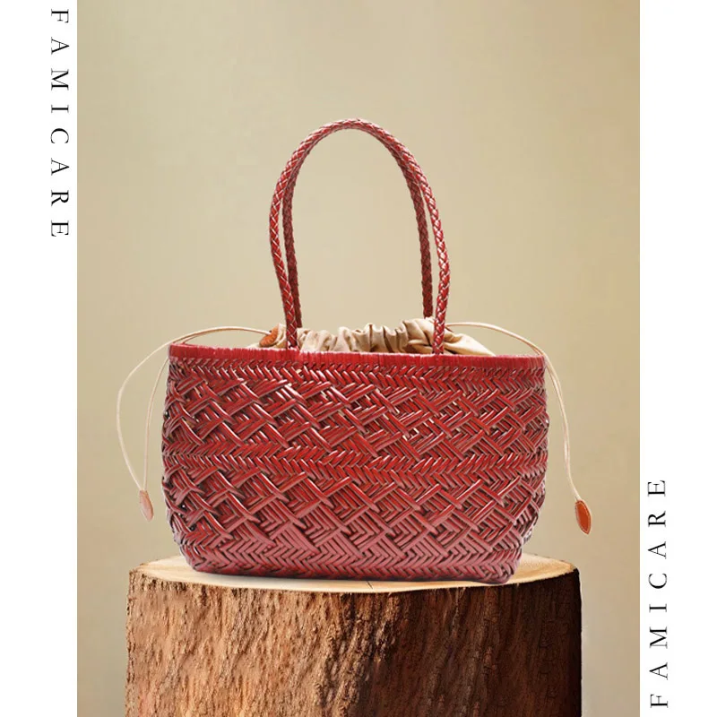 

Vintage Luxury Lady Woven Shoulder Bag Chic 2026 New Women Split Leather Tote Bags Casual Handbag with Drawstring Inner Pouch