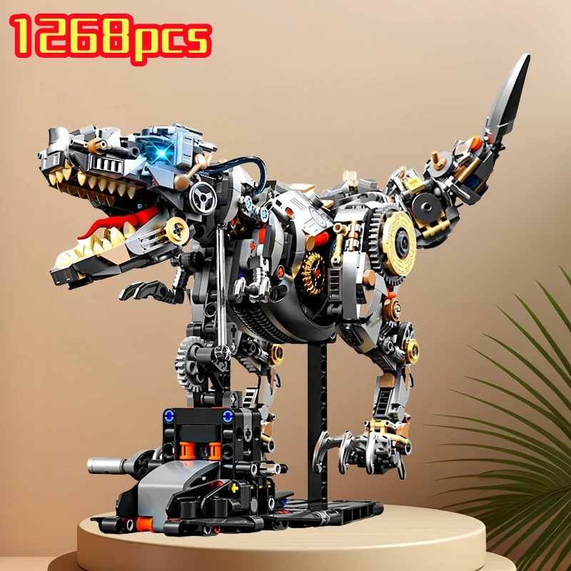 

1268 шт. креативные механические строительные блоки динозавров, кирпич, тираннозавр, рекс, животное со светом, модель MOC, сборная игрушка, подарок для ребенка