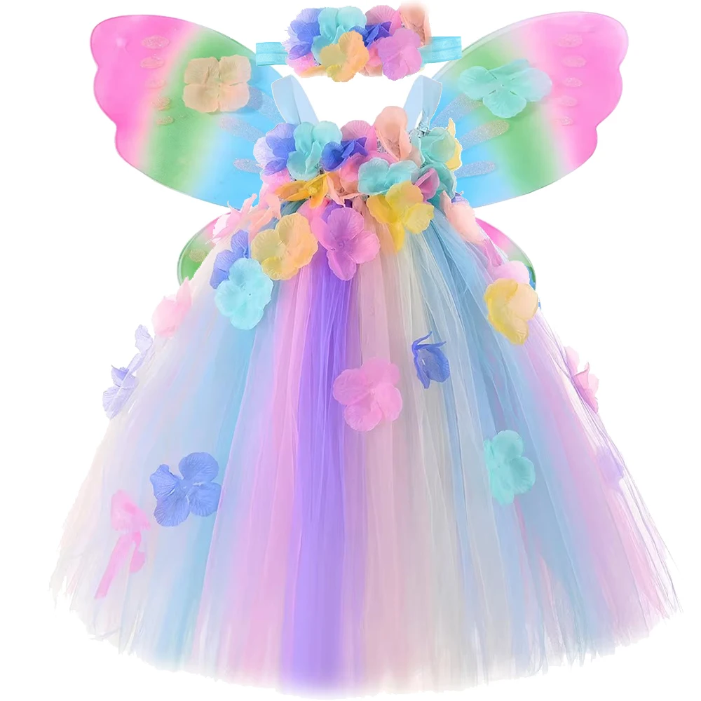 Pastel Flower Petals Long Fairy Dresses for Girls Full Length Butterfly Elf Costumes Kids Princess Ball Gown with Glittery Wings