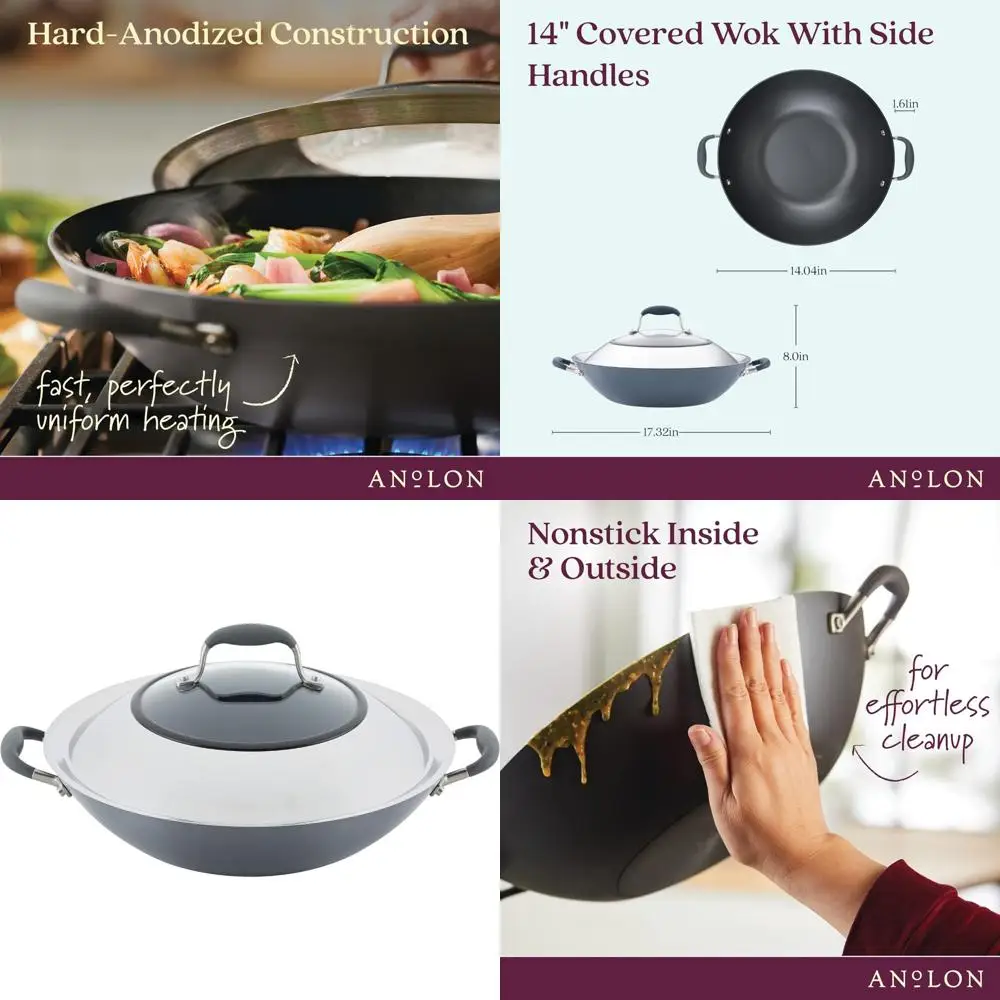 

14 Inch Nonstick Hard Anodized Wok with Side Handles and Lid, Advanced Home Stir Fry Pan, Moonstone Color, Large Cooking Surface