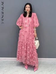 SHENGPALAE Fashion Rose Blossom Bubble Sleeve V-Neck Dress Elegan Chic Short Sleeve Robe Women's 2024 Summer New Clothing 5R3438