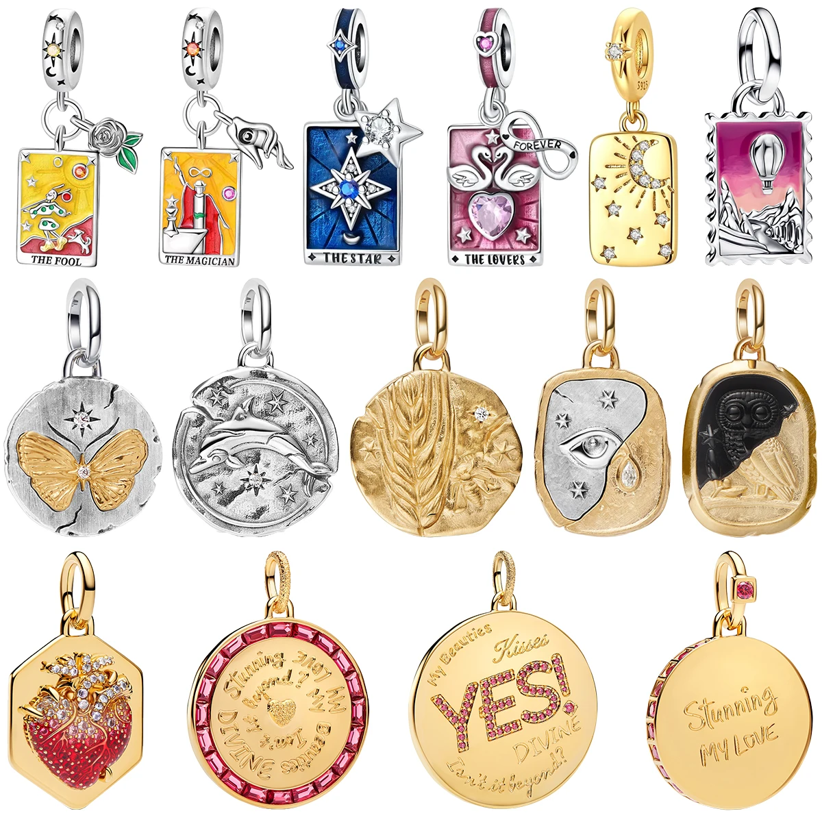 925 Silver Tarot Card Butterfly Dolphin Owl Heart Eye Moon Star Balloon Texture Hang Tag Charm Bead Fit Bracelet DIY Jewelry
