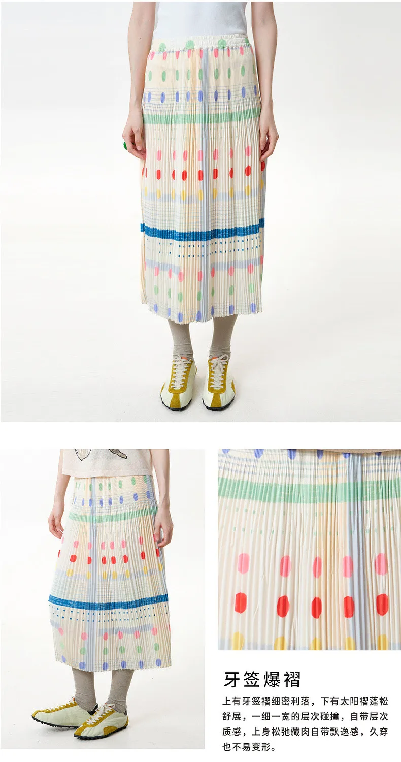 Cute Polka Dot Stripe Pleated Midi Skirt Women Elastic Waist Flowy Accordion Pleat A-Line Summer Vacation Casual Sweet Office