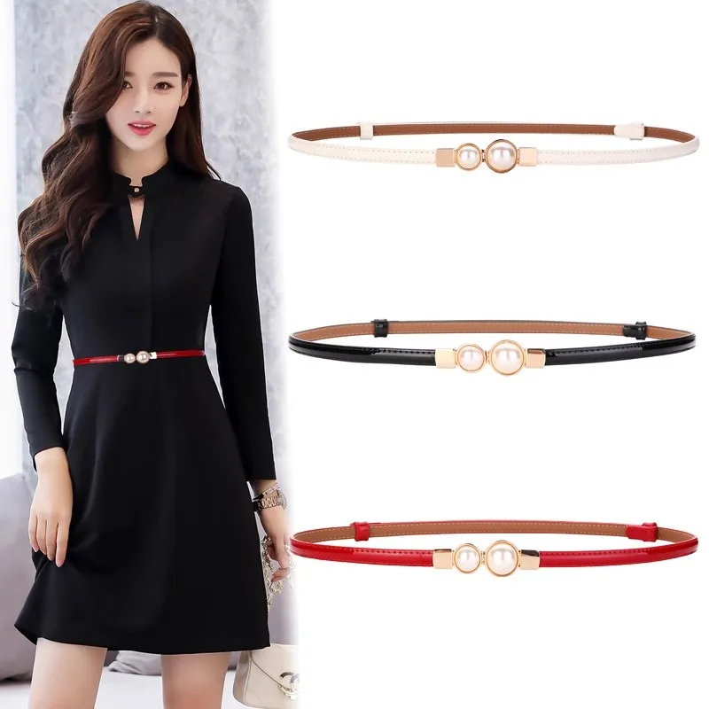 Casual New Glossy Genuine Leather Pearl Women's belt With Thin Waist Decorative And Skirt Waist Buckle Women's belt Luxury