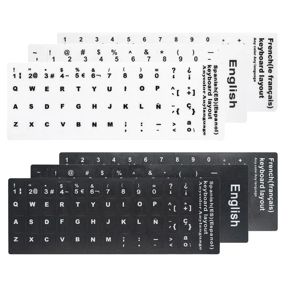 English Russian Arabic French Japanese Keyboard Replacement Stickers White on Black Any PC Computer Laptop