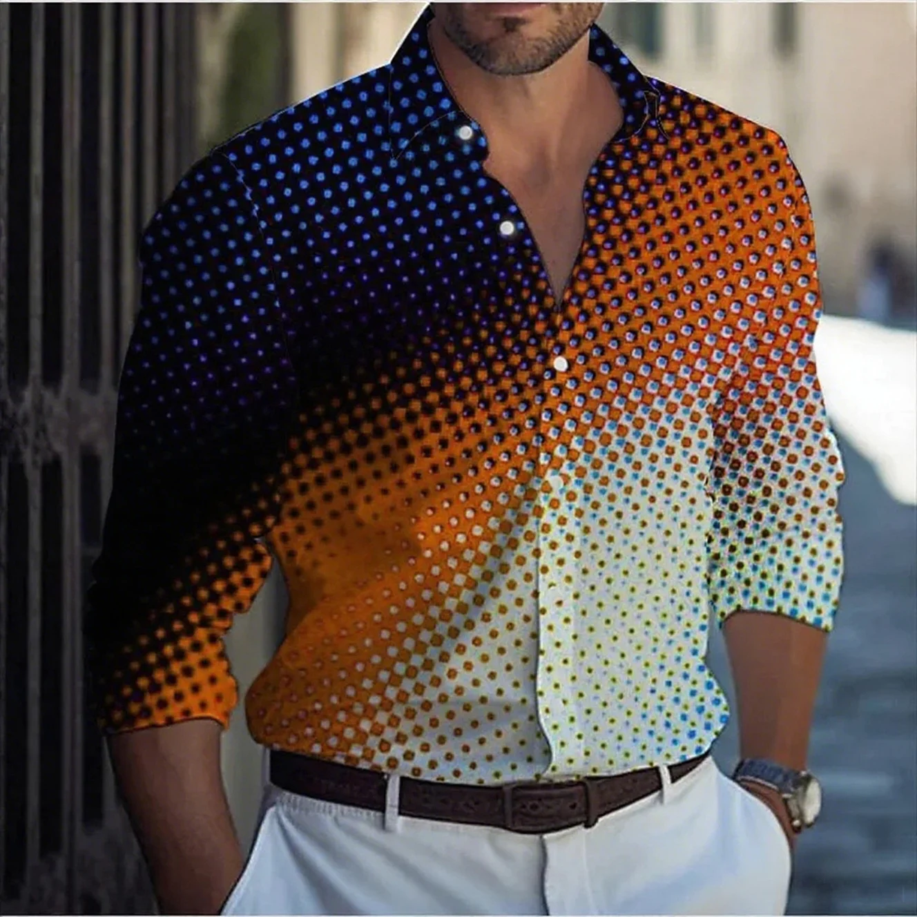 Men's spring and autumn long sleeve lapel formal shirt polka dot 3D printing dark slim business casual shirt street outdoor men'