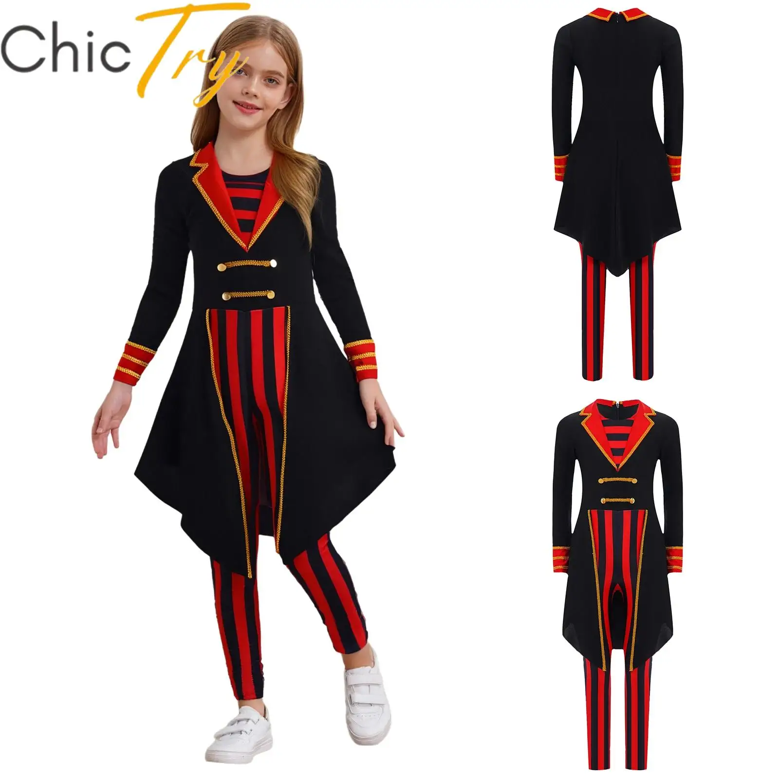 

Kids Girls Pirate Costume Stage Jumpsuit Gold Woven Tape Stripes Halloween Cosplay Party Dress Carnival Themed Party Dress Up
