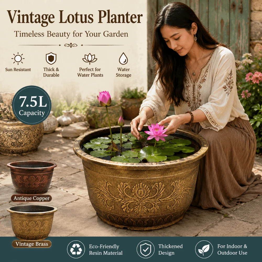 Resin Lotus Planter Pot Large Deepened Water Reservoir Planter 4.5L-31L Capacity Copper Bronze Retro Flower Pot Home Gardening