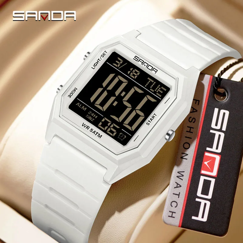 SANDA 6355 LED Night Light Outdoor Sports Men's Watch reloj Fashion Student Electronic Watch Square Multi functional Waterproof