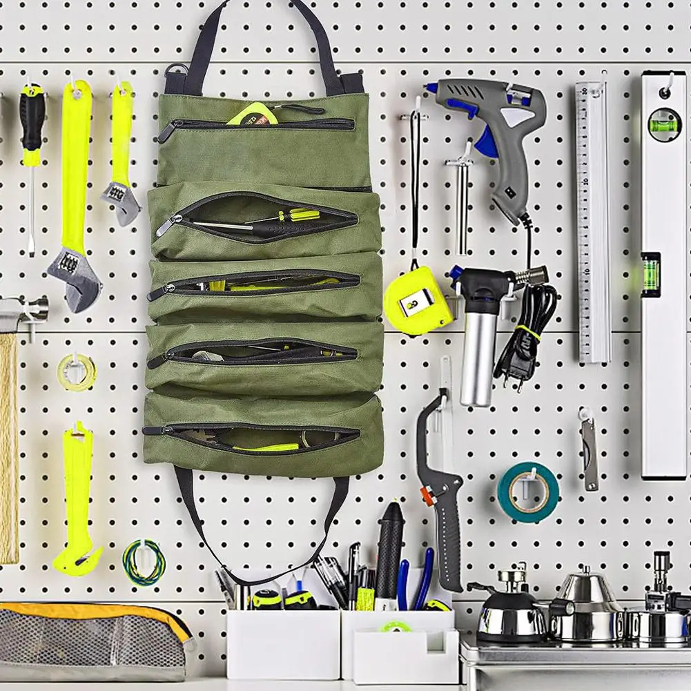 5 - Pocket Roll Up Tool Organizer Bag With Zippered Pockets Portable Storage For Tools Hardware Mechanic Electrician Repair Kit